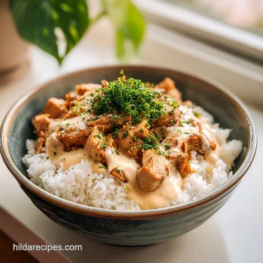 Chicken Rice Bowl with Creamy Garlic Sauce: 25 Min Recipe Card