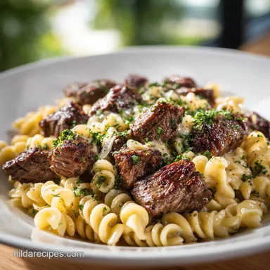 Creamy Garlic Butter Steak Bites with Spicy Cajun Alfredo Twisted Pasta for 4 Servings Recipe Card