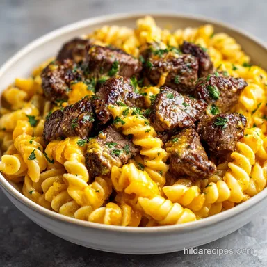 Creamy Garlic Butter Steak Bites with Spicy Cajun Alfredo Twisted Pasta for 4 Servings