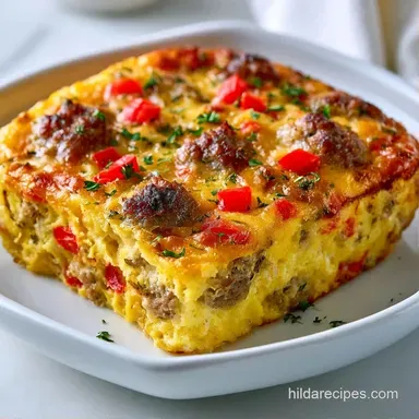 Sausage and Egg Bake for 12 Squares Recipe Card