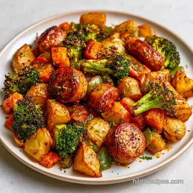Sausage Vegetable Sheet Pan in 50 Minutes Recipe Card