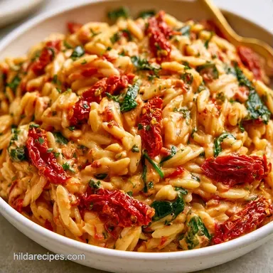 Sundried Tomato Boursin Baked Orzo Recipe Card