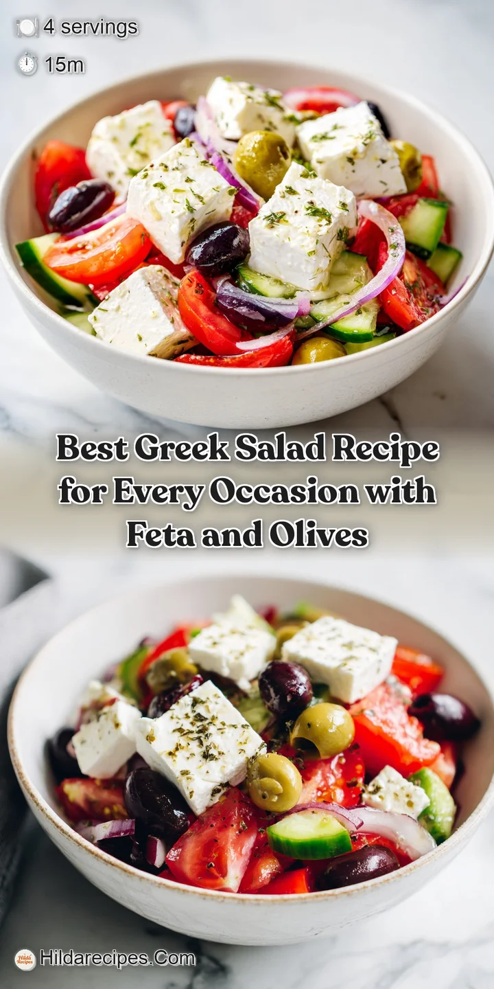 Close-up of refreshing Greek salad: juicy tomatoes, crisp greens, briny olives, and creamy feta cheese.