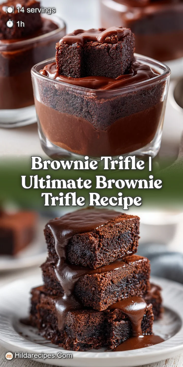 Close-up of rich, glossy chocolate pudding swirling with dense brownie chunks and fluffy white cream peaks.