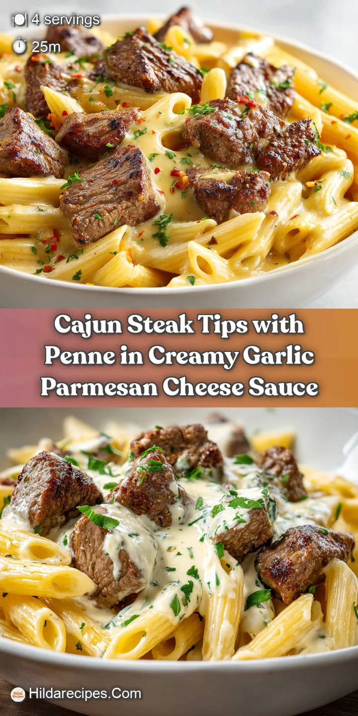 Close-up shows tender steak, perfectly cooked, nestled in creamy parmesan sauce clinging to penne pasta. A culinary delight!