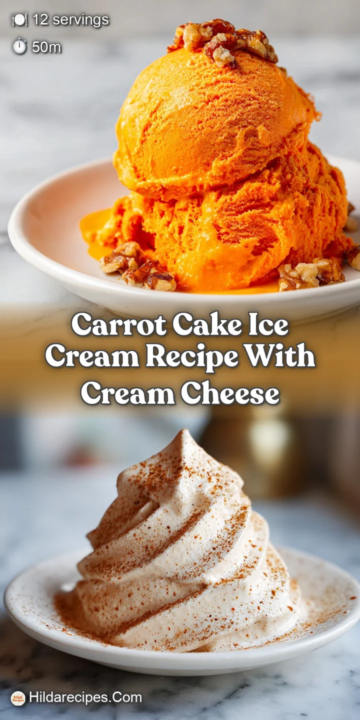 Close-up of carrot cake ice cream showing a rich texture with visible bits of grated carrot, nuts, and swirls of cream che...