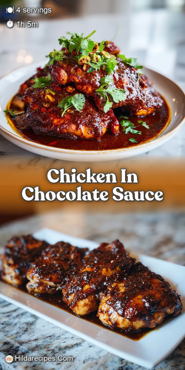 Close-up view of chicken bathed in a deep, dark chocolate sauce; glistening and speckled with spices. A delicious and temp...