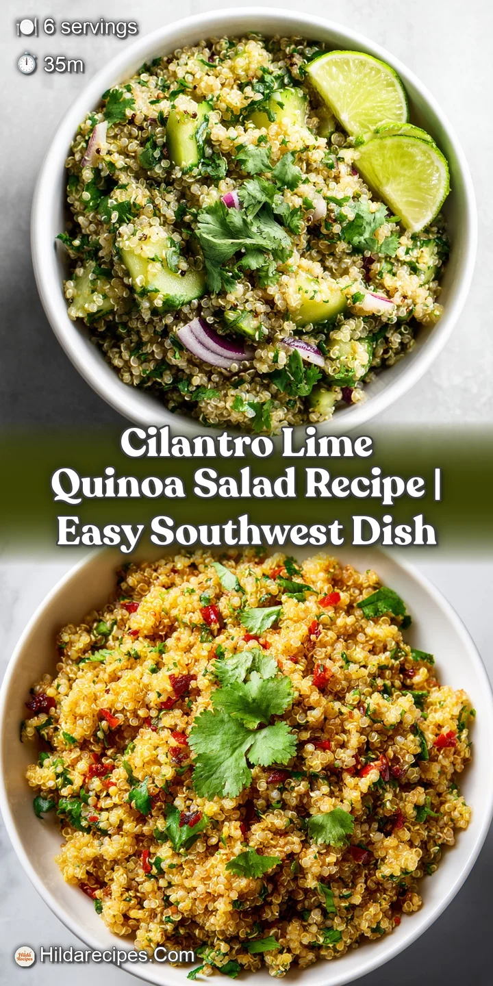 Close-up view of a refreshing quinoa salad, showcasing fluffy grains, vibrant cilantro, and juicy bits of colorful bell pe...