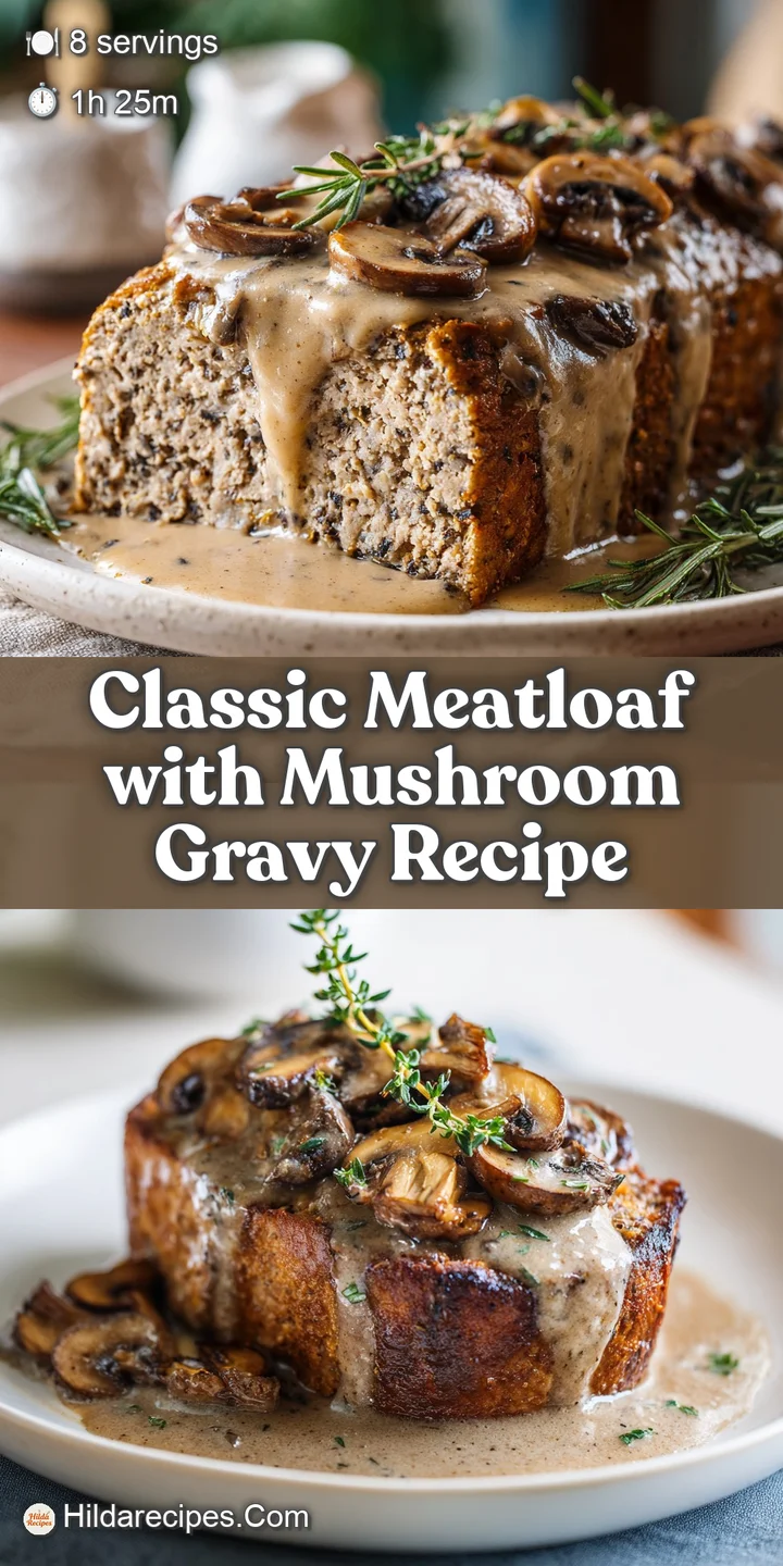 Close-up of savory meatloaf, glistening with savory brown gravy. Visible mushroom pieces and fresh herbs entice the senses.