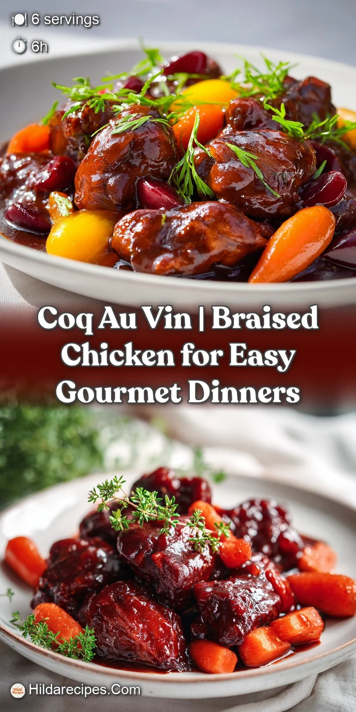 Close-up of succulent chicken coated in a thick velvet red wine sauce with shimmering mushrooms and fresh parsley.