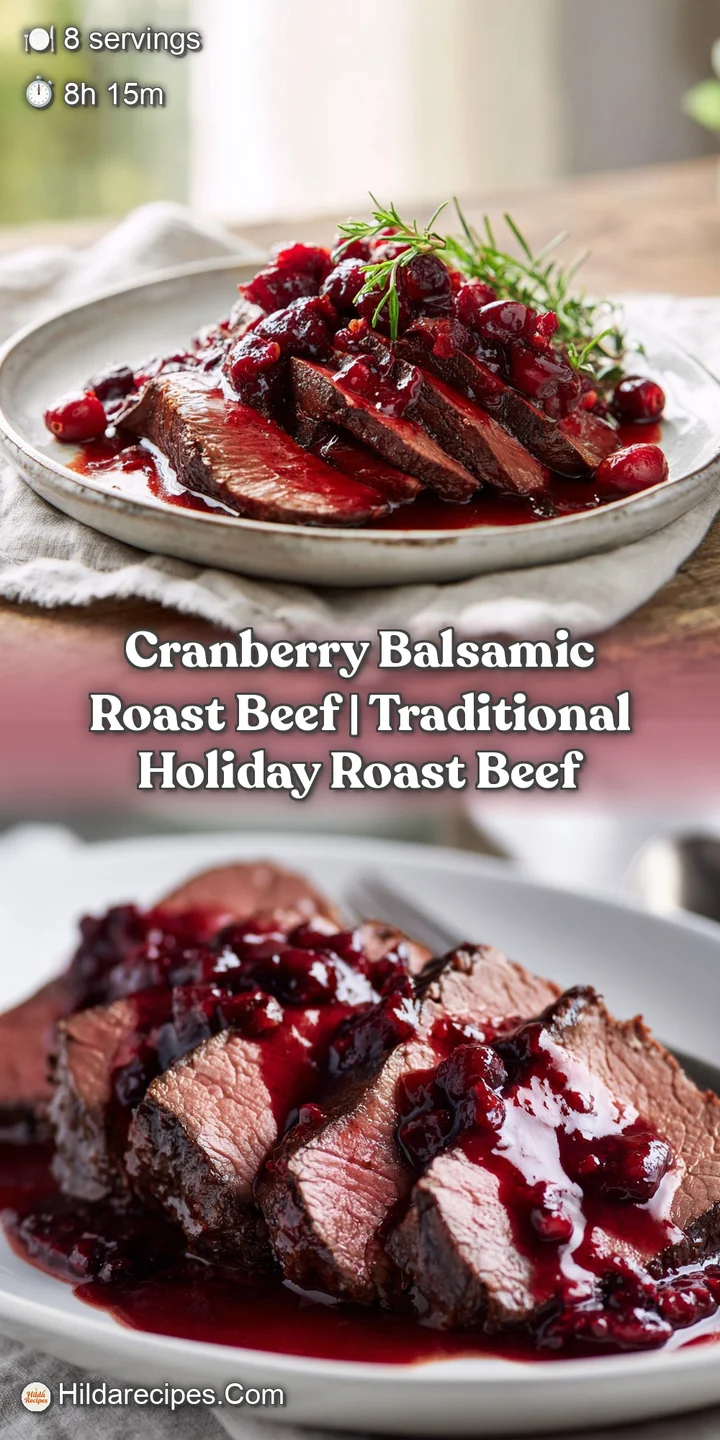 Close-up of glistening dark balsamic glaze and plump red cranberries resting on a juicy, medium-rare beef slice.