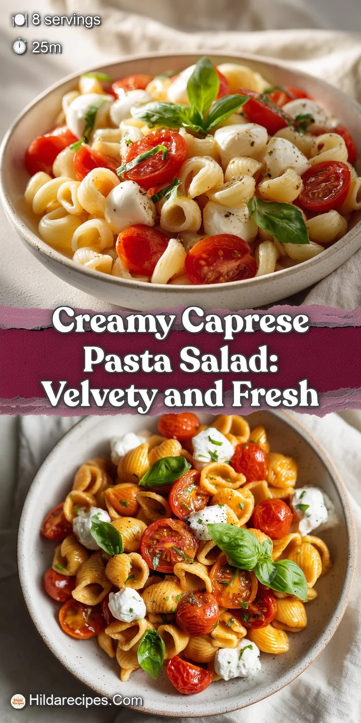 Close-up of creamy Caprese pasta salad, highlighting the fresh mozzarella, ripe tomatoes, and vibrant basil coated in a li...