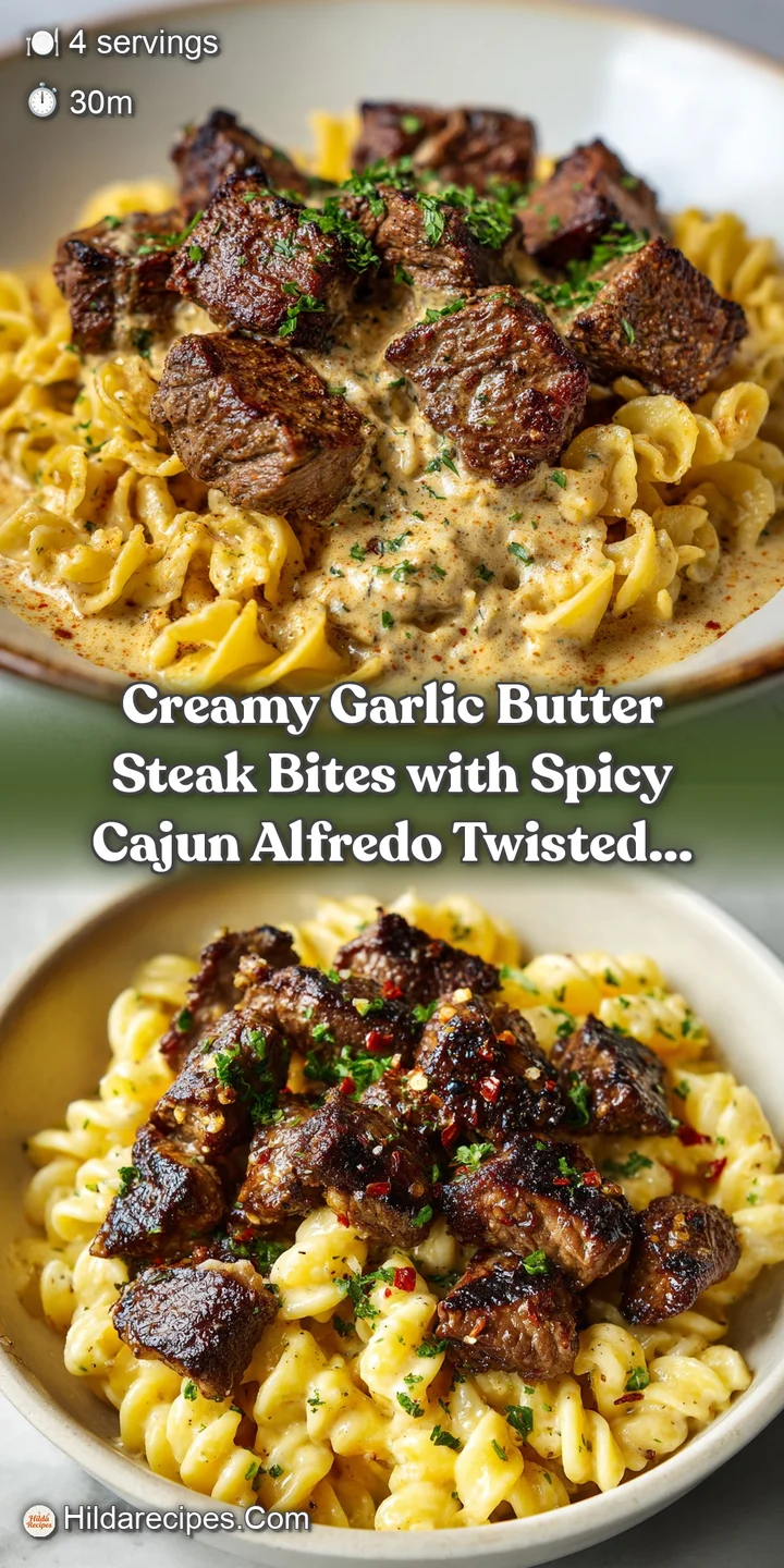 Close-up of succulent steak bites coated in creamy garlic sauce, nestled in a bed of spicy Cajun Alfredo twisted pasta.