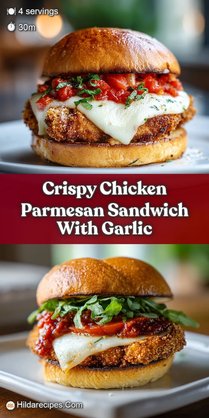 Close-up shot of a chicken parmesan sandwich with glistening melted mozzarella, crispy breading, and vibrant red sauce.