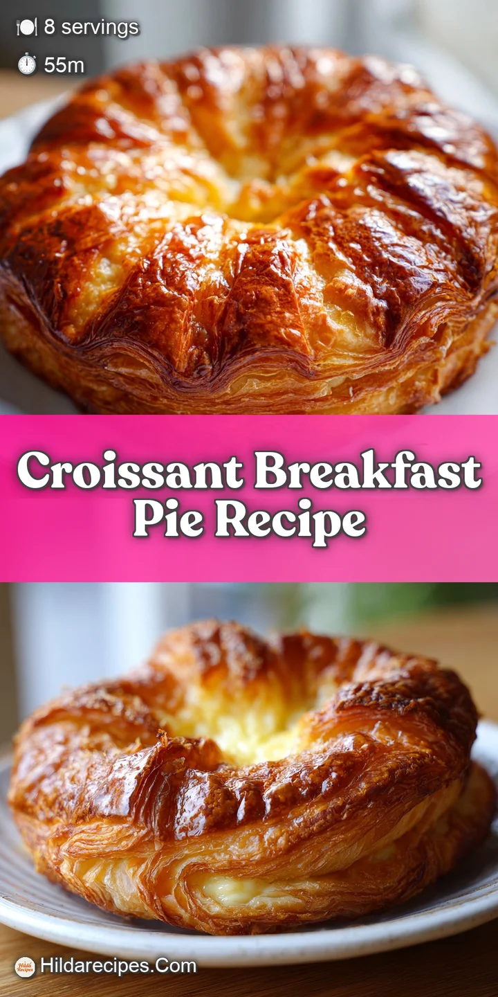 Close-up of a croissant breakfast pie showing a glossy egg filling studded with crispy bacon and golden-brown crust.
