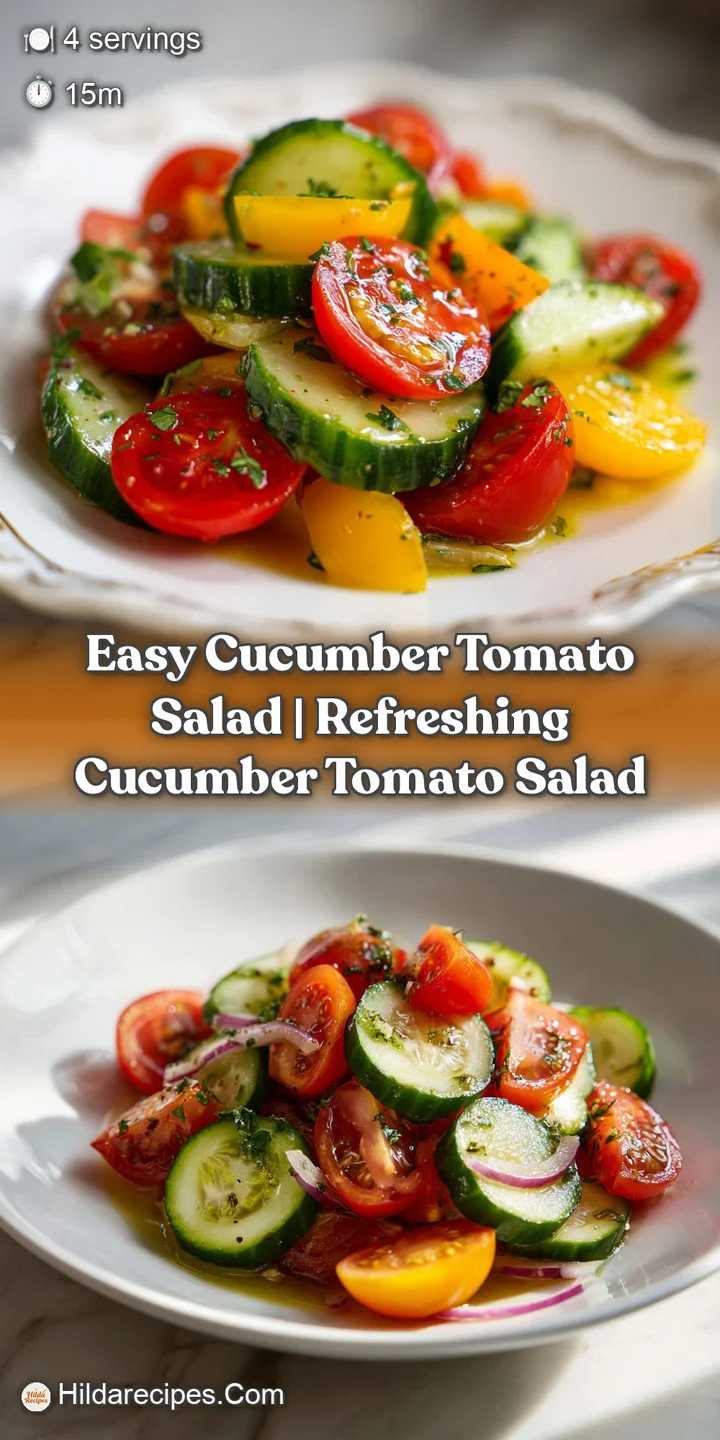 Close-up of glistening cucumber and tomato salad. A light, flavorful vinaigrette coats fresh vegetable slices, herbs.