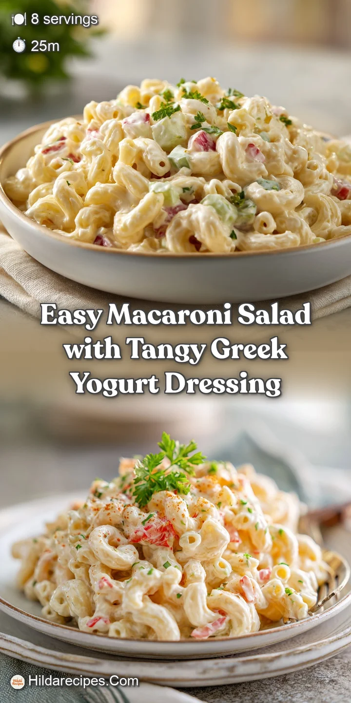 Close-up of macaroni salad showing the creamy texture and mix of colorful ingredients, promising a flavorful bite.