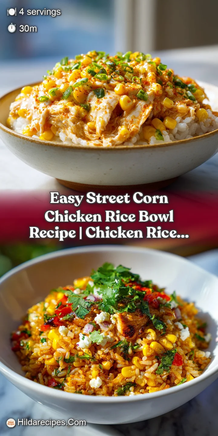 Close-up of a chicken rice bowl, showcasing juicy grilled chicken, colorful corn, a swirl of sauce, and a dusting of chili...