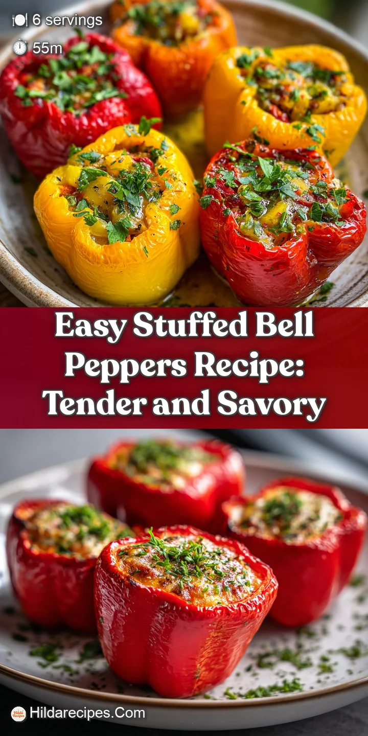 A close-up shows tender bell pepper skin with a hearty, textured filling. Wisps of steam add warmth, inviting a delicious ...