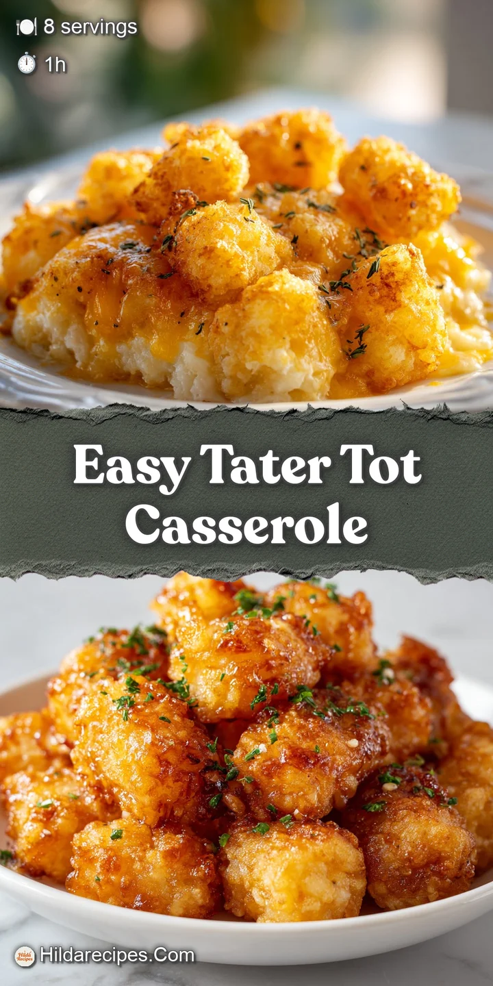 Close-up: golden, crispy tater tots swimming in rich, creamy gravy with bits of savory, seasoned ground beef. Comforting a...