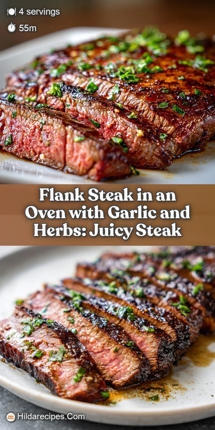 Close-up of glistening flank steak slices. Juicy pink center peeks through a flavorful, dark brown crust, studded with ro...