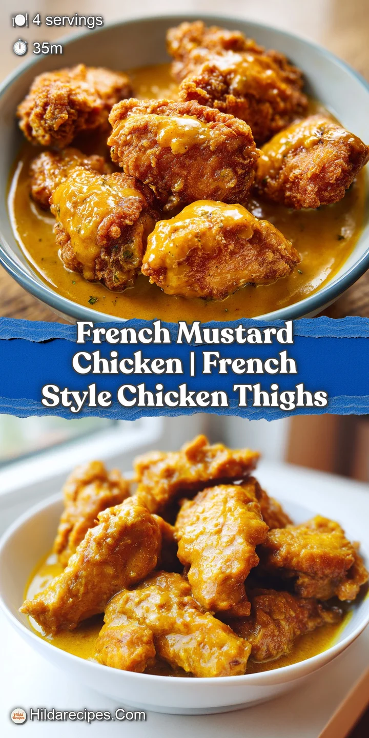 Extreme close-up of glistening, golden-brown seared chicken skin coated in a rich, velvety mustard cream sauce.