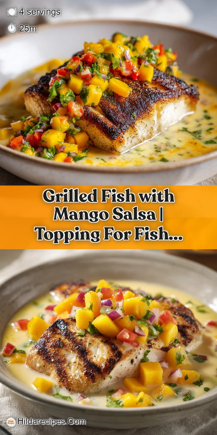 Close-up: Tender grilled fish glistening with juice. Sweet mango salsa showcases chunks of mango, peppers, and herbs. A de...