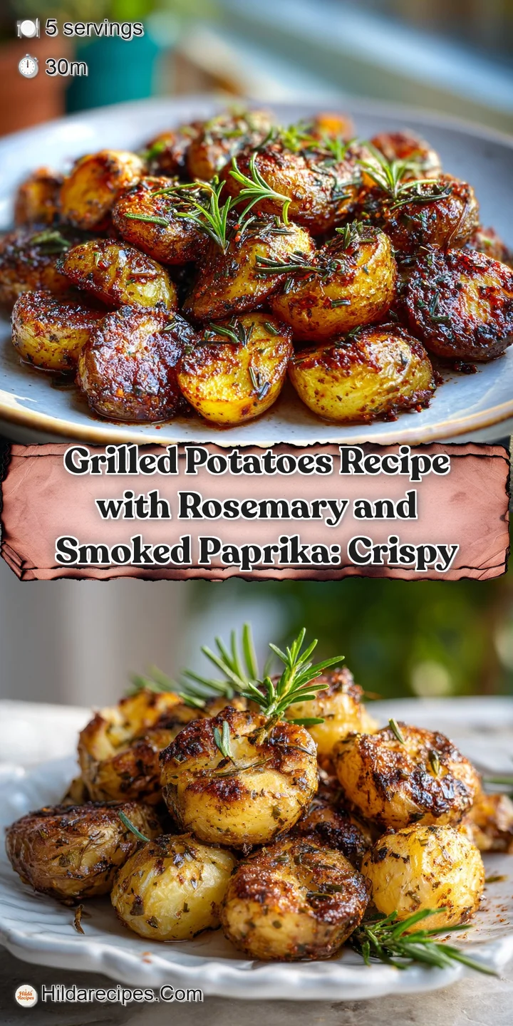 Close-up of crispy grilled potato showing texture, speckled with rosemary and paprika, with visible grill marks offering s...