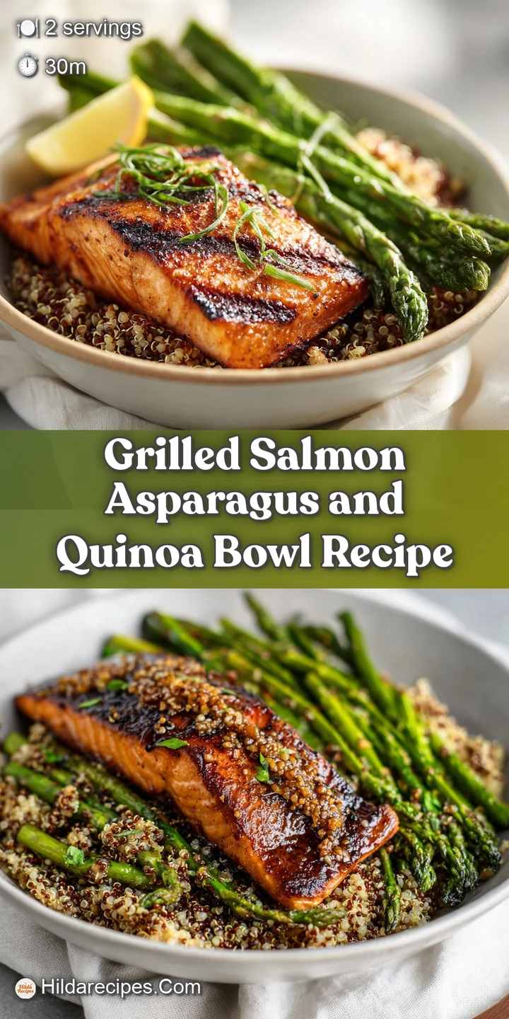 Close-up of flaky, tender grilled salmon with grill marks, glistening with olive oil, paired with crisp, bright green aspa...