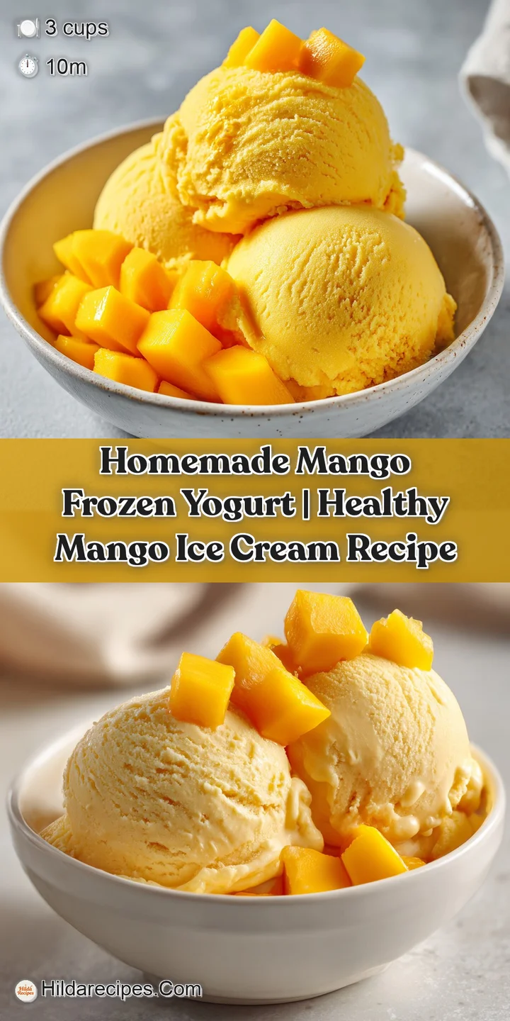 Macro shot of a smooth, frozen yellow swirl with a glistening texture and a small piece of fresh mango on top.