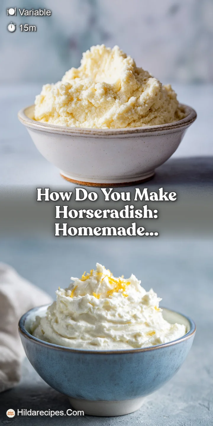 Close-up of freshly grated horseradish, showing its coarse texture and vibrant white color, ready to add a zesty kick.