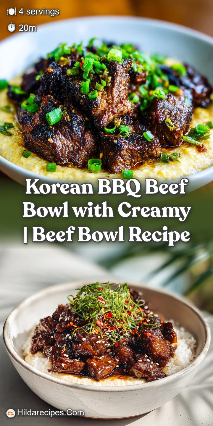 Close-up of Korean BBQ beef; juicy, marinated slices shine, drizzled with rich creamy sauce, hinting at a flavorful, savor...