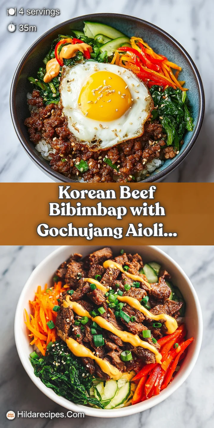 Close-up view of Korean bibimbap: shiny seasoned beef, crunchy vegetables, and a rich, creamy gochujang aioli swirl.
