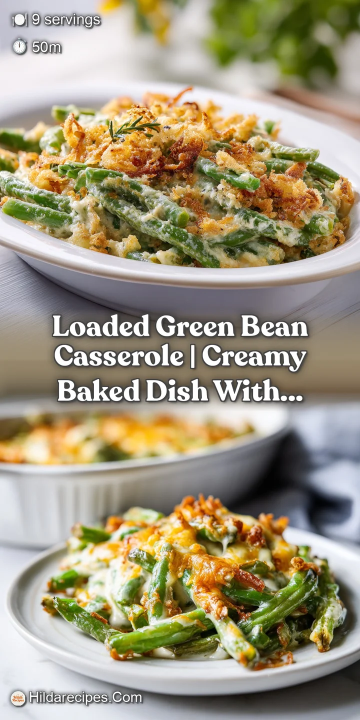 Close-up of tender green beans coated in a rich, creamy sauce with abundant crispy bacon bits.