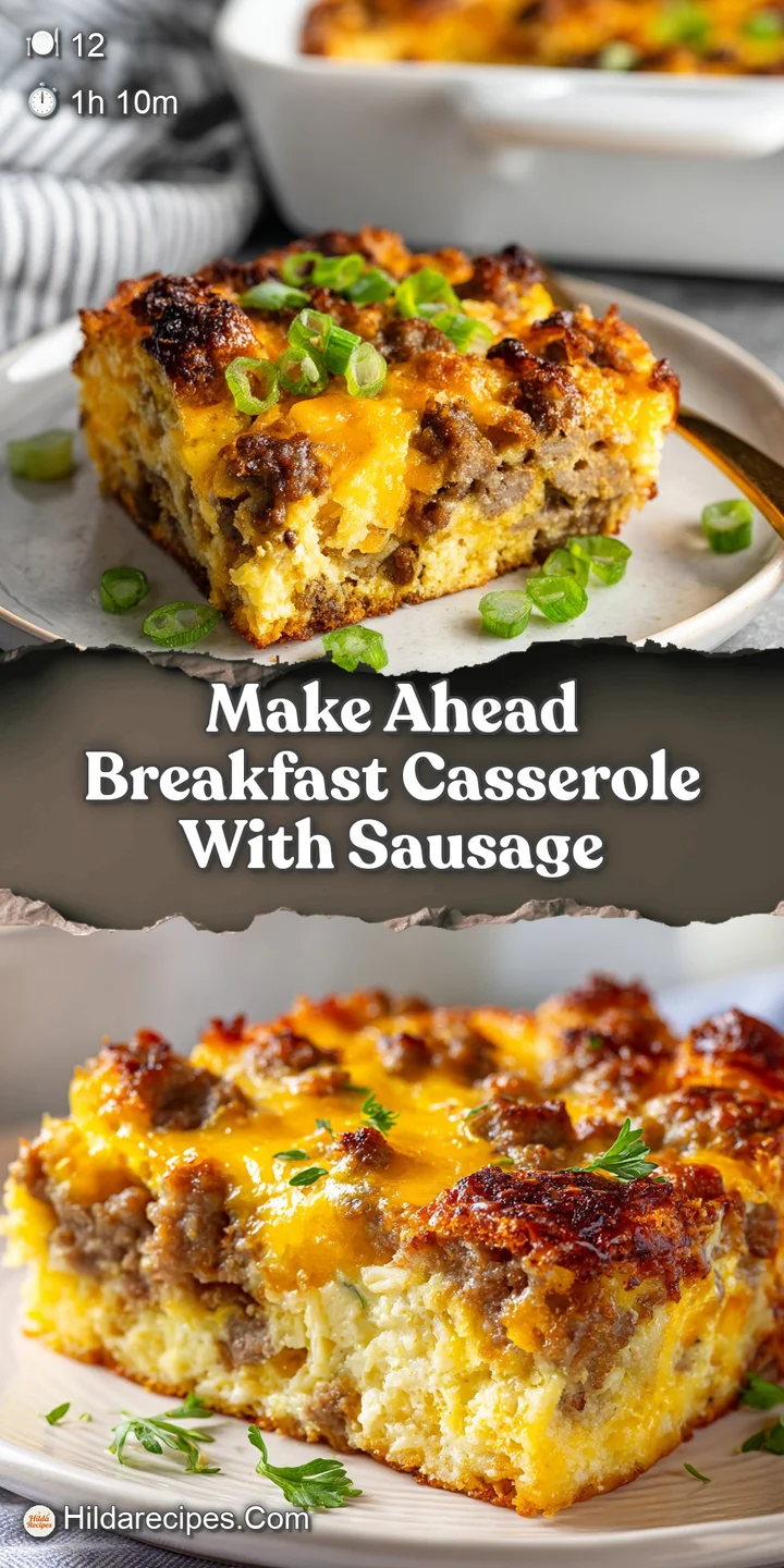 Close-up of a breakfast casserole: crusty top, tender interior. Juicy sausage and melted cheese peek through the egg base,...