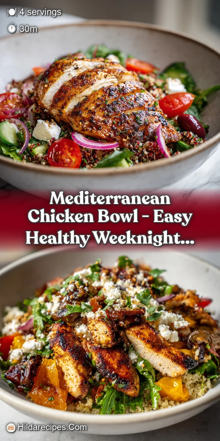 Close-up shot of a Mediterranean chicken bowl highlighting the grilled chicken, glistening vegetables, and rich, creamy sa...