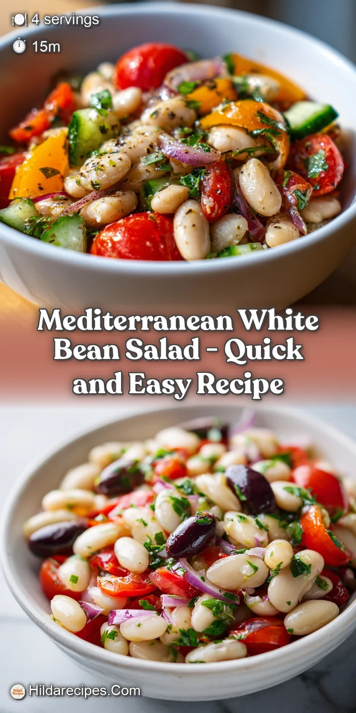 Close-up of a Mediterranean white bean salad, highlighting the plump beans, glistening olive oil, and flecks of fresh herbs.