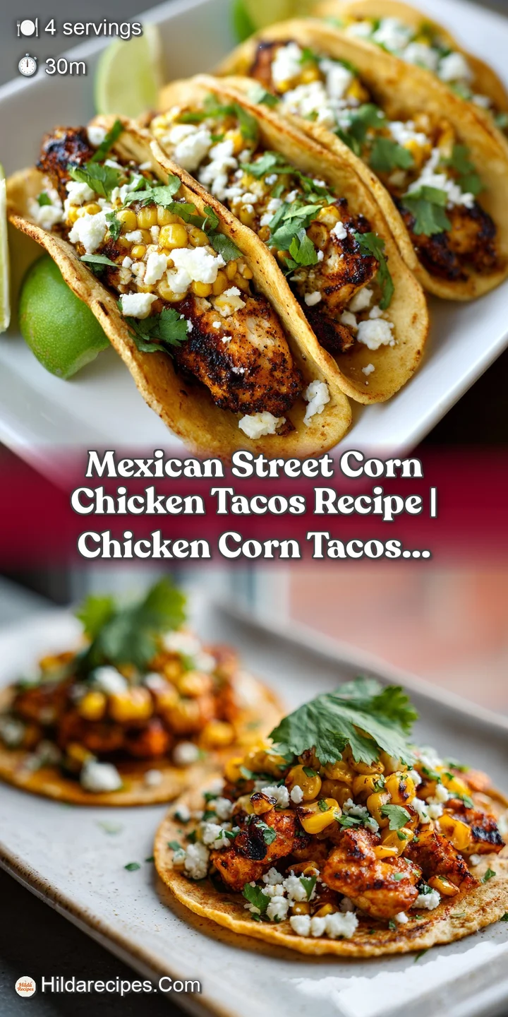 Close-up of a taco bursting with tender chicken, charred corn kernels, and a creamy sauce, showing vibrant colors and text...