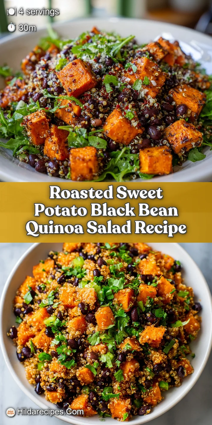 Close-up of glistening roasted sweet potatoes and hearty black beans nestled in quinoa, highlighting the dish's satisfying...