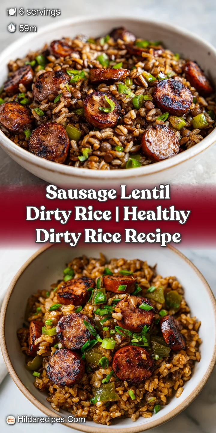 Close-up of glistening browned rice mixed with soft lentils, seared andouille slices, and vibrant green herb accents.