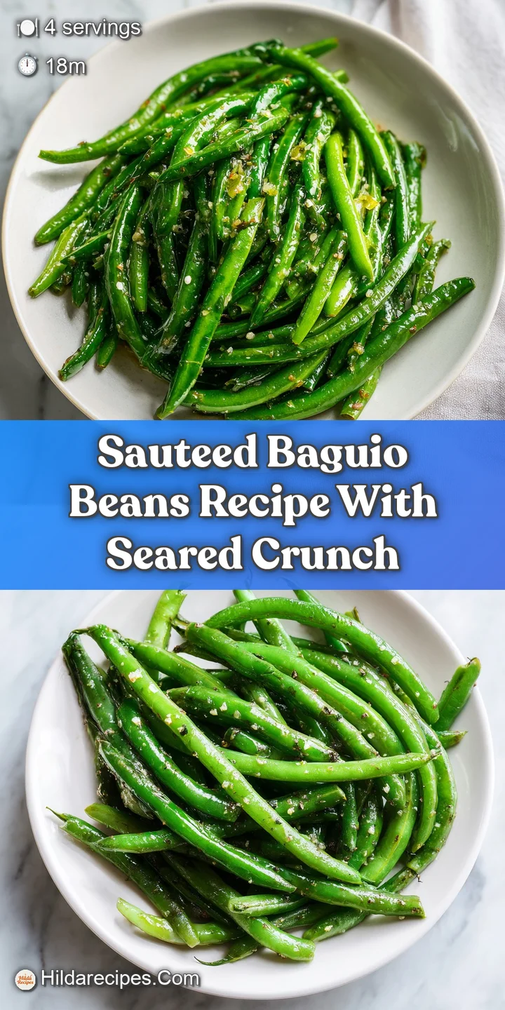 Close-up shows glistening, plump Baguio beans tossed with bits of golden-brown garlic and onion, steaming and ready to eat.