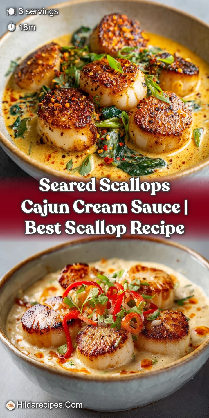 Close-up shows glistening seared scallop with a golden crust swimming in a rich, flavorful sauce, hinting at warmth and sp...