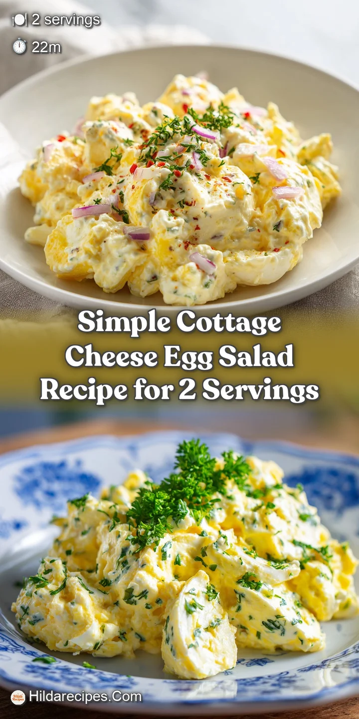 Close-up of egg salad highlighting the creamy texture, flecks of fresh herbs, and the curd-like appearance of the cottage ...