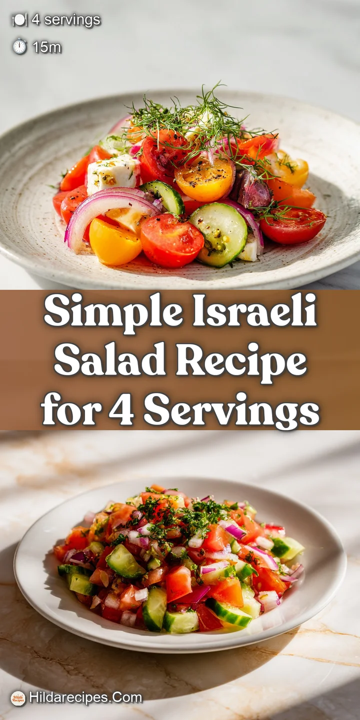 Close-up of glistening, diced Israeli salad. Juicy tomatoes and crisp cucumbers are coated in a bright red sumac vinaigret...