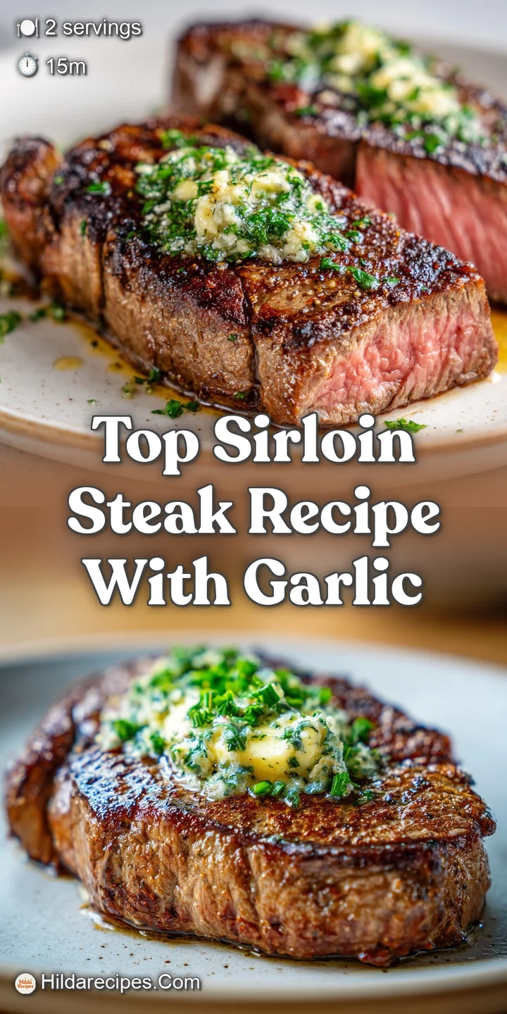 Juicy, medium-rare steak glistening with caramelized garlic; close-up shows the browned crust and tender, pink center is s...