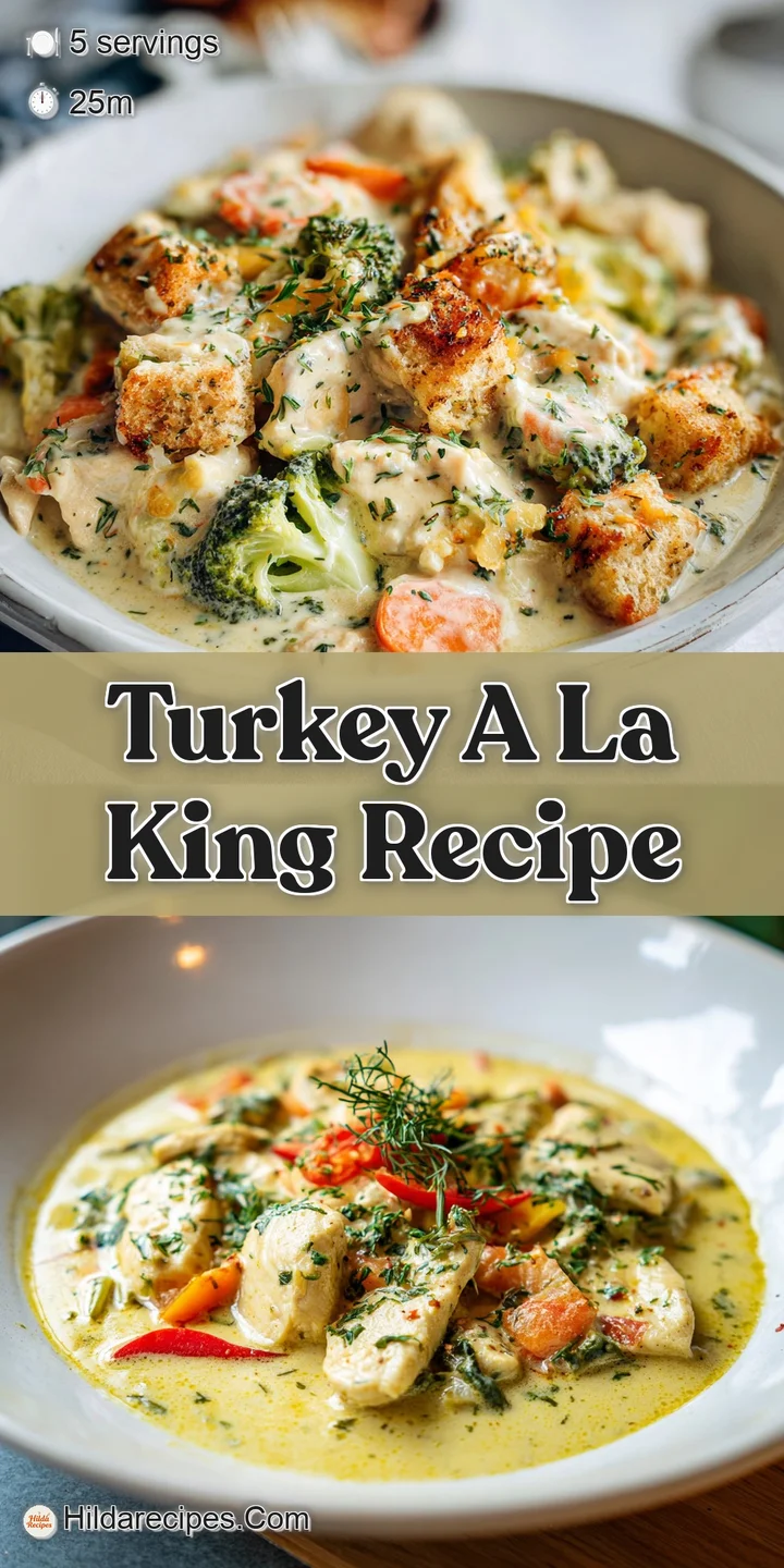 Close-up: rich, creamy Turkey a la King showing the texture of the sauce and tender turkey pieces. Steaming and appetizing.