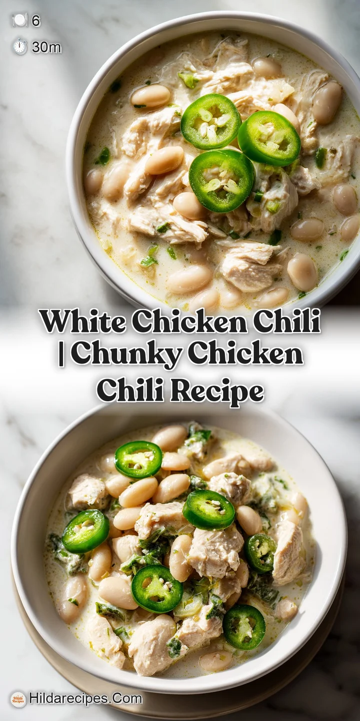 Close-up of tender shredded chicken and plump white beans in a rich, creamy broth with flecks of green chilies.