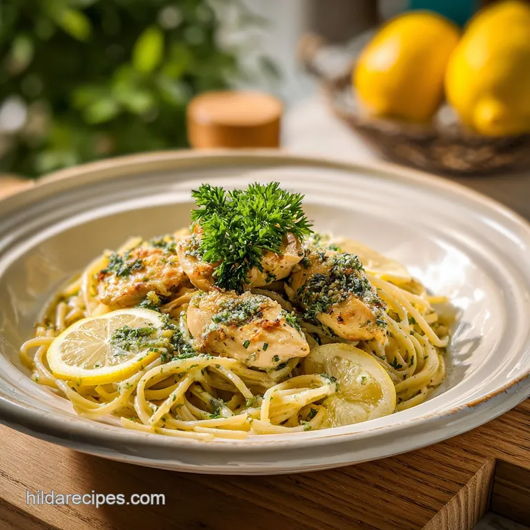 A colorful bowl showcasing tender pasta, succulent chicken, and a rich, glistening sauce with a sprinkle of green.