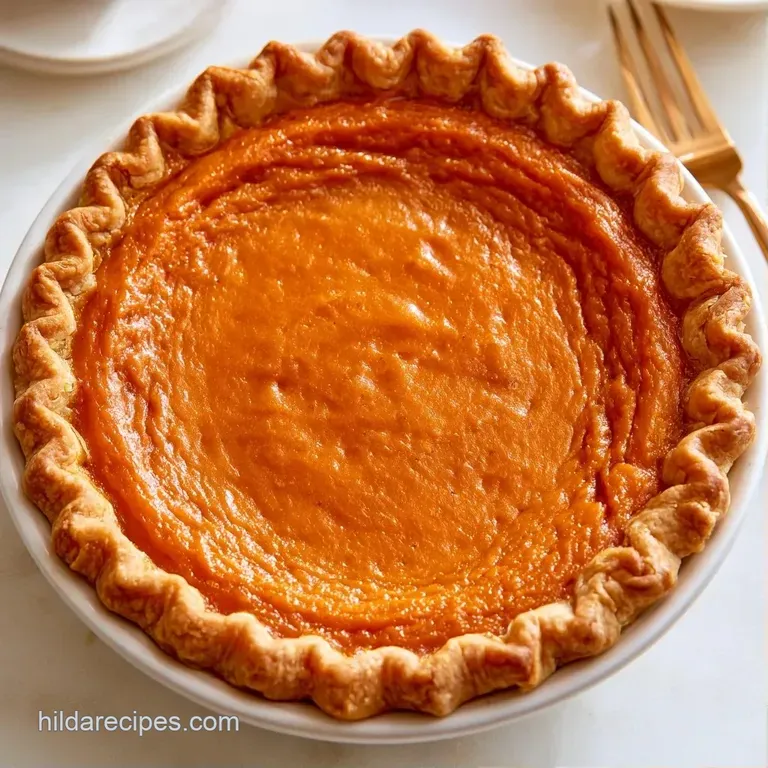 A slice of vibrant orange custard pie topped with a swirl of white cream and a dusting of warm cinnamon.
