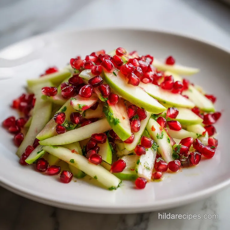 A bright and colorful apple pomegranate salad artfully arranged on a white plate, showcasing its crisp textures and juicy ...